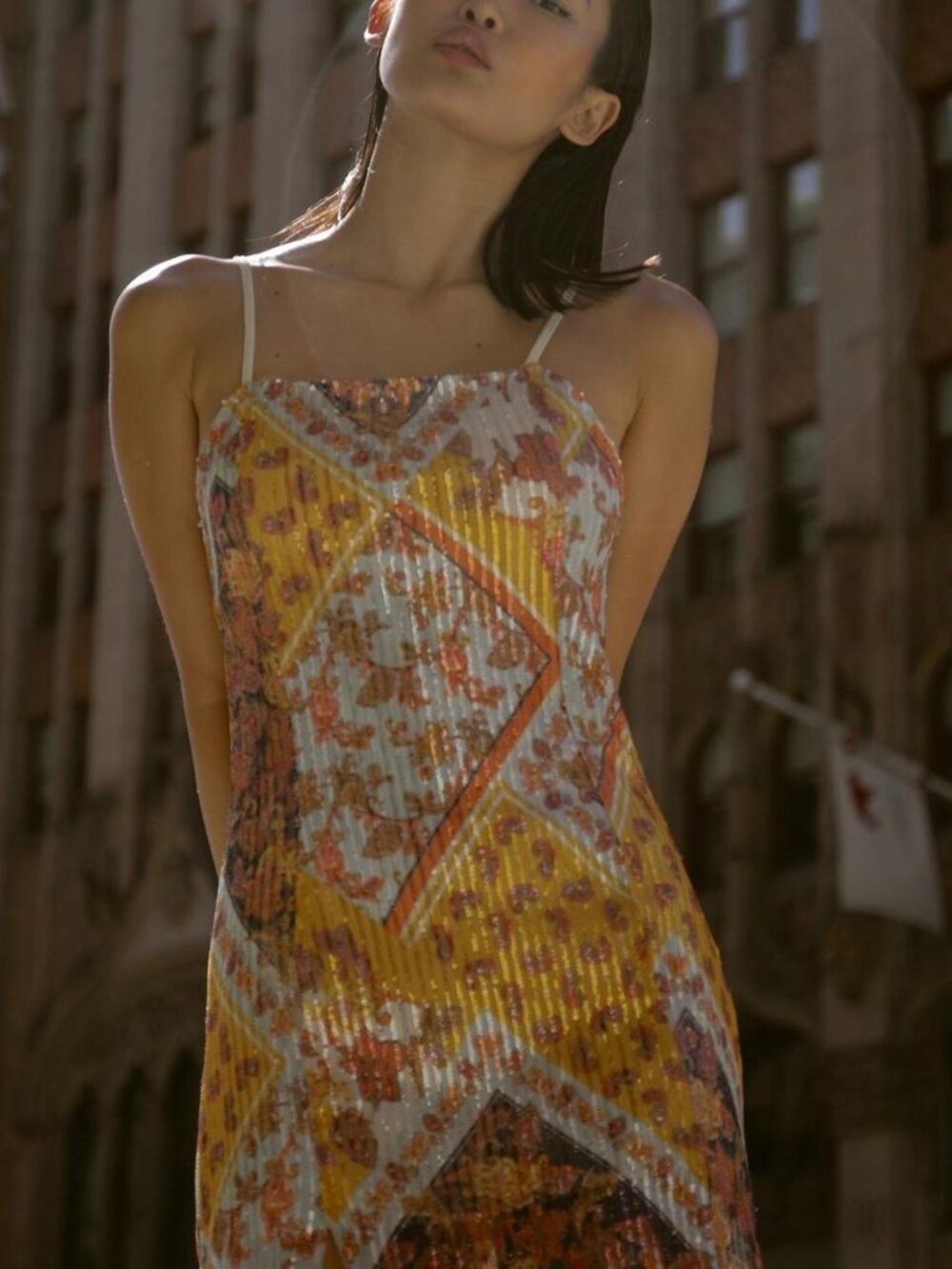 Spaghetti Strap Sequined Printed Maxi Dress in Mustard and Multicolor